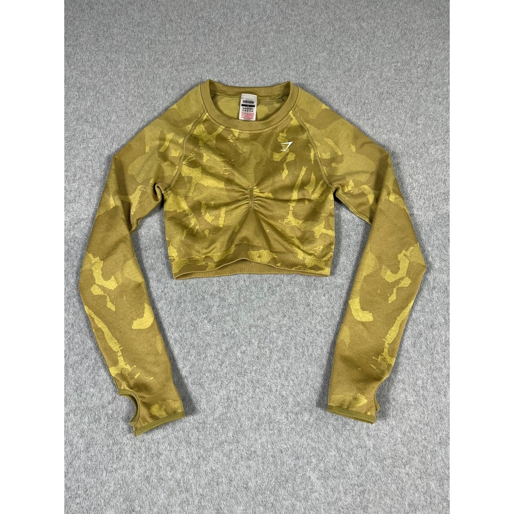 Gymshark Adapt Camo Seamless Long Sleeve Crop Top Women's Size S Olive Gold
